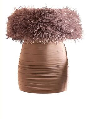 NWT PLT Label Taupe Faux Shearling Bardot Ruched Bodycon Dress